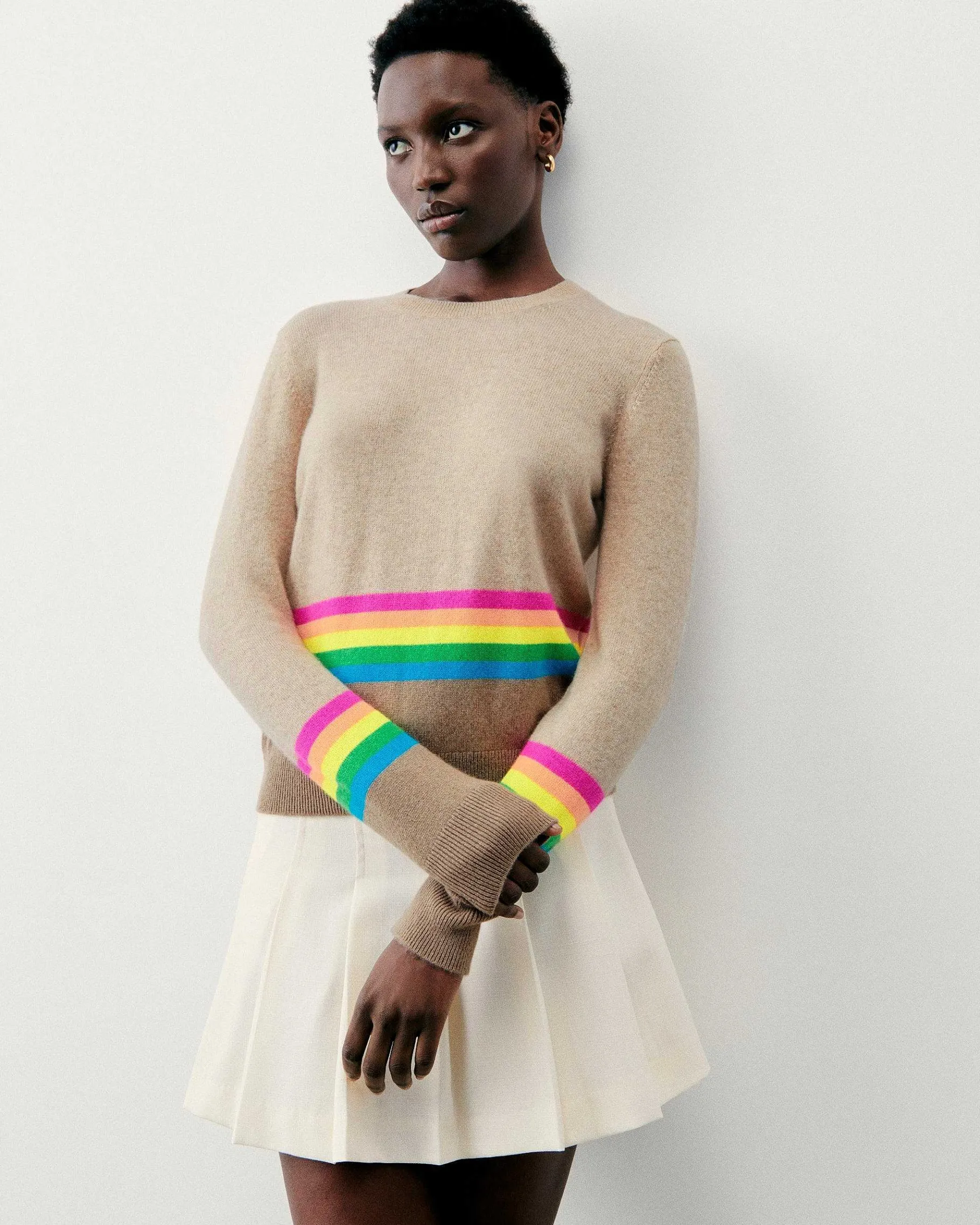 Clearance FROM FUTURE Pull Col Rond Bas A Bandes Multicolores Beige Chine