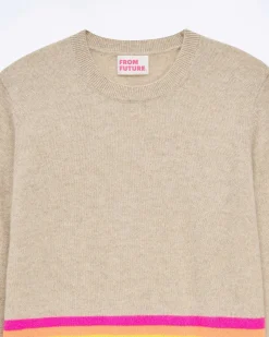 Clearance FROM FUTURE Pull Col Rond Bas A Bandes Multicolores Beige Chine