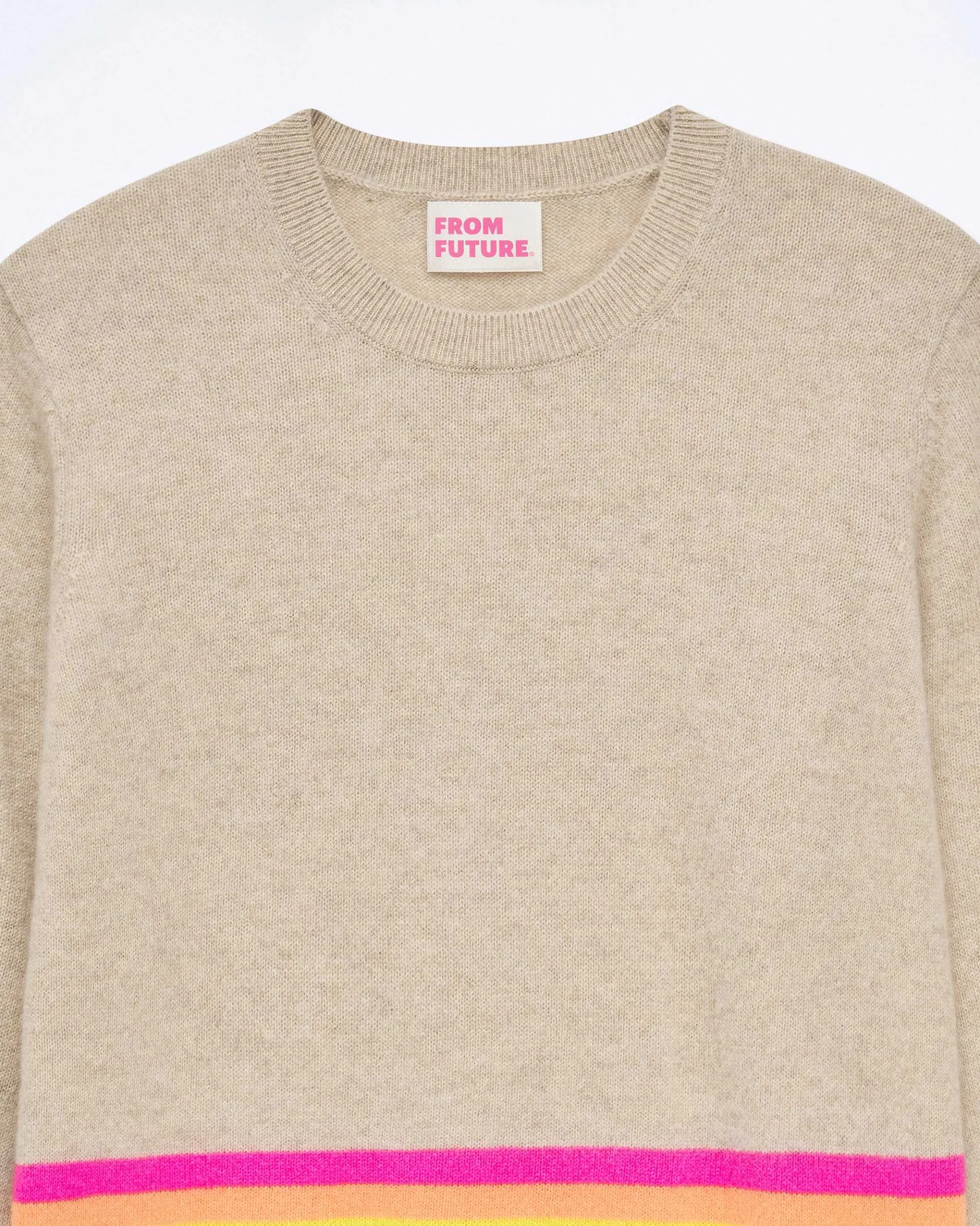 Clearance FROM FUTURE Pull Col Rond Bas A Bandes Multicolores Beige Chine
