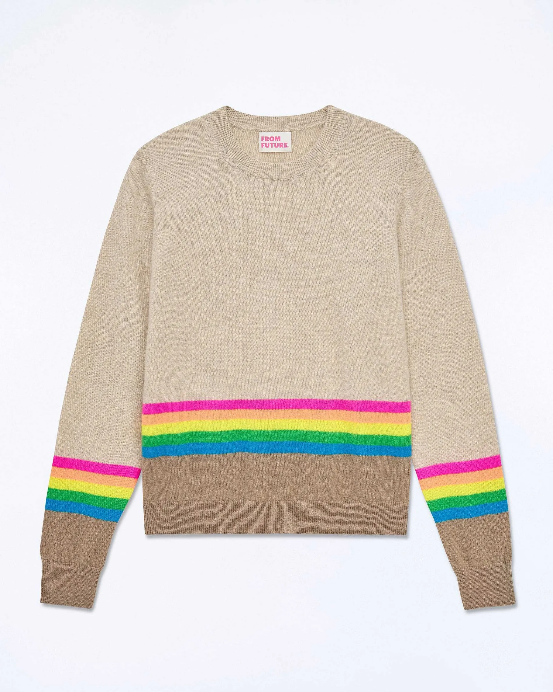 Clearance FROM FUTURE Pull Col Rond Bas A Bandes Multicolores Beige Chine