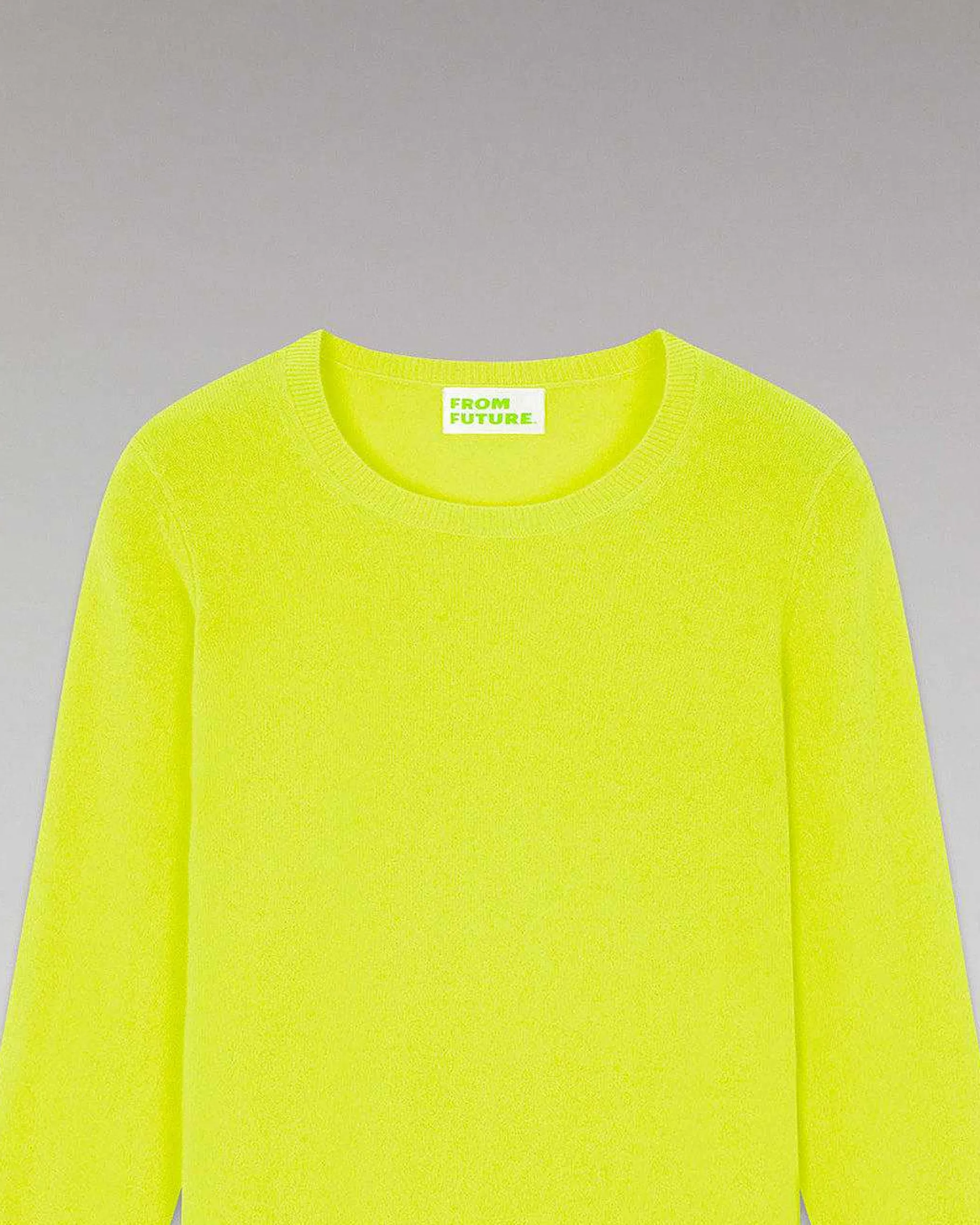 New FROM FUTURE Pull Col Rond Basique Jaune Fluo