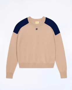 Discount FROM FUTURE Pull Col Rond Bicolore Et Broderie Tropical Camel