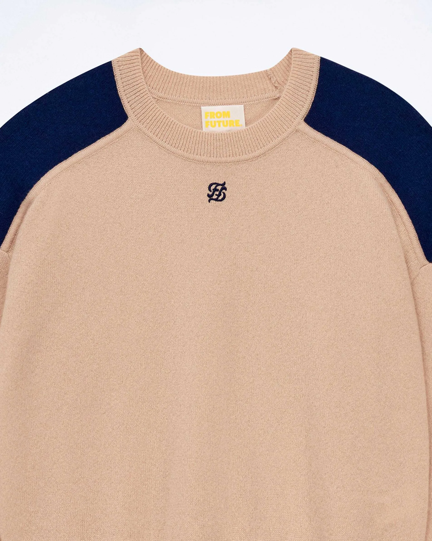 Discount FROM FUTURE Pull Col Rond Bicolore Et Broderie Tropical Camel