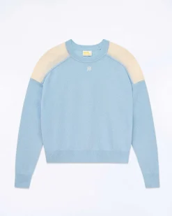 FROM FUTURE Pull Col Rond Bicolore Et Broderie Baby Blue