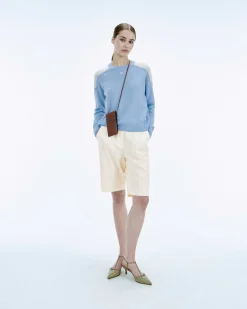 FROM FUTURE Pull Col Rond Bicolore Et Broderie Baby Blue