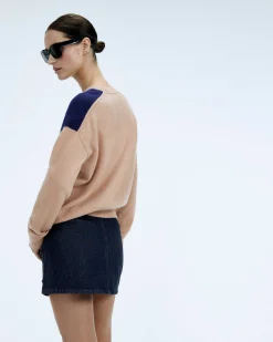 Hot FROM FUTURE Pull Col Rond Bicolore Et Broderie Tropical Camel