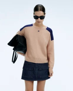 Hot FROM FUTURE Pull Col Rond Bicolore Et Broderie Tropical Camel