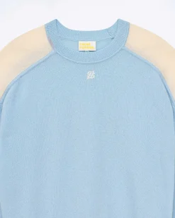 FROM FUTURE Pull Col Rond Bicolore Et Broderie Baby Blue