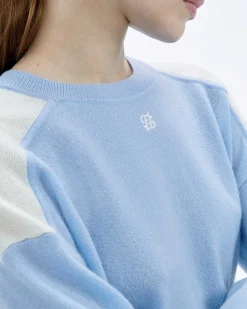 FROM FUTURE Pull Col Rond Bicolore Et Broderie Baby Blue