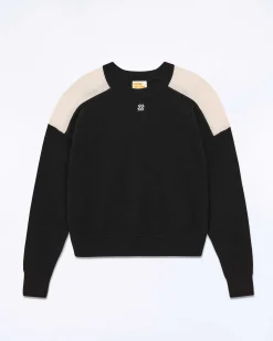 New FROM FUTURE Pull Col Rond Bicolore Et Broderie Noir