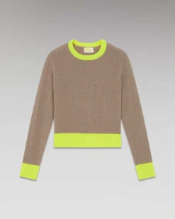 New FROM FUTURE Pull Col Rond Bicolore Leger Taupe