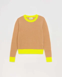 Hot FROM FUTURE Pull Col Rond Bicolore Leger Camel