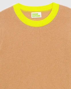 Hot FROM FUTURE Pull Col Rond Bicolore Leger Camel