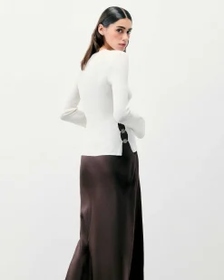 New FROM FUTURE Pull Col Rond Bijoux Cotes Ecru