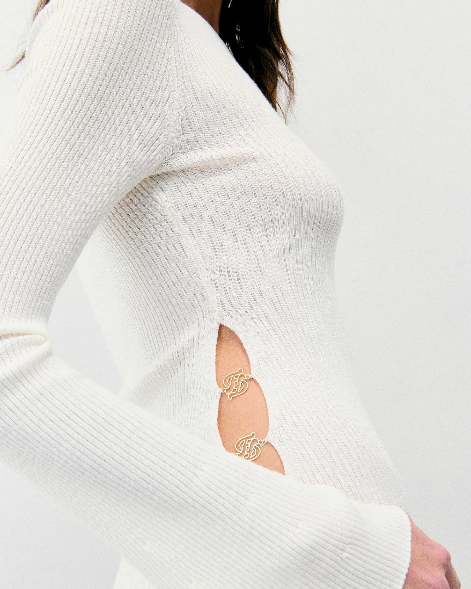New FROM FUTURE Pull Col Rond Bijoux Cotes Ecru