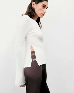 New FROM FUTURE Pull Col Rond Bijoux Cotes Ecru