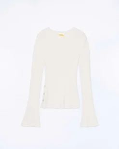 New FROM FUTURE Pull Col Rond Bijoux Cotes Ecru