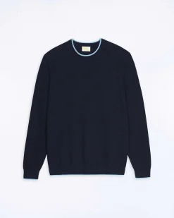 FROM FUTURE Pull Col Rond Bord Contraste Navy