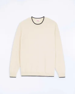 Sale FROM FUTURE Pull Col Rond Bord Contraste Sable