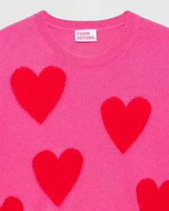 Sale FROM FUTURE Pull Col Rond Coeur All-Over Light Rose Fluo