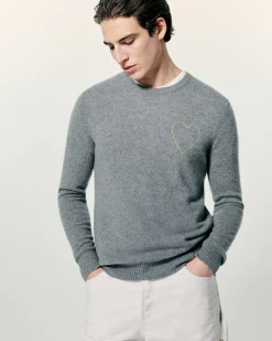 New FROM FUTURE Pull Col Rond Coeur Brode Gris Chine Fonce