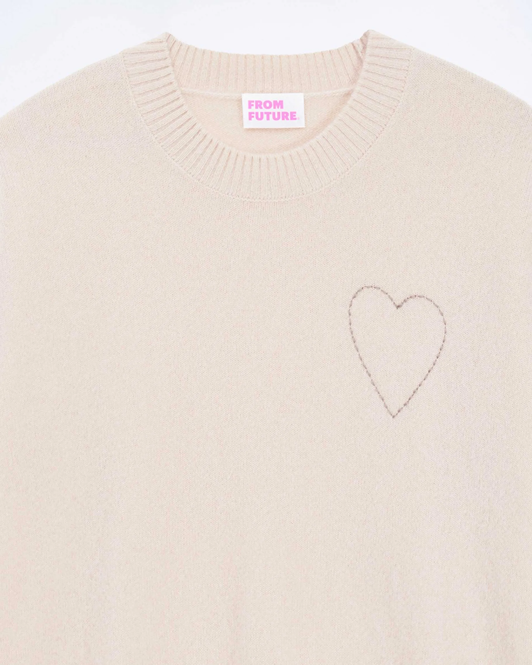 Best FROM FUTURE Pull Col Rond Coeur Brode Light Beige