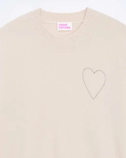 Discount FROM FUTURE Pull Col Rond Coeur Brode Light Beige