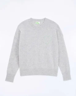 Best FROM FUTURE Pull Col Rond Coeur Brode Gris Chine Clair