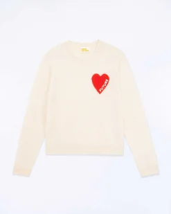 New FROM FUTURE Pull Col Rond Coeur Broderie Future Light Ecru