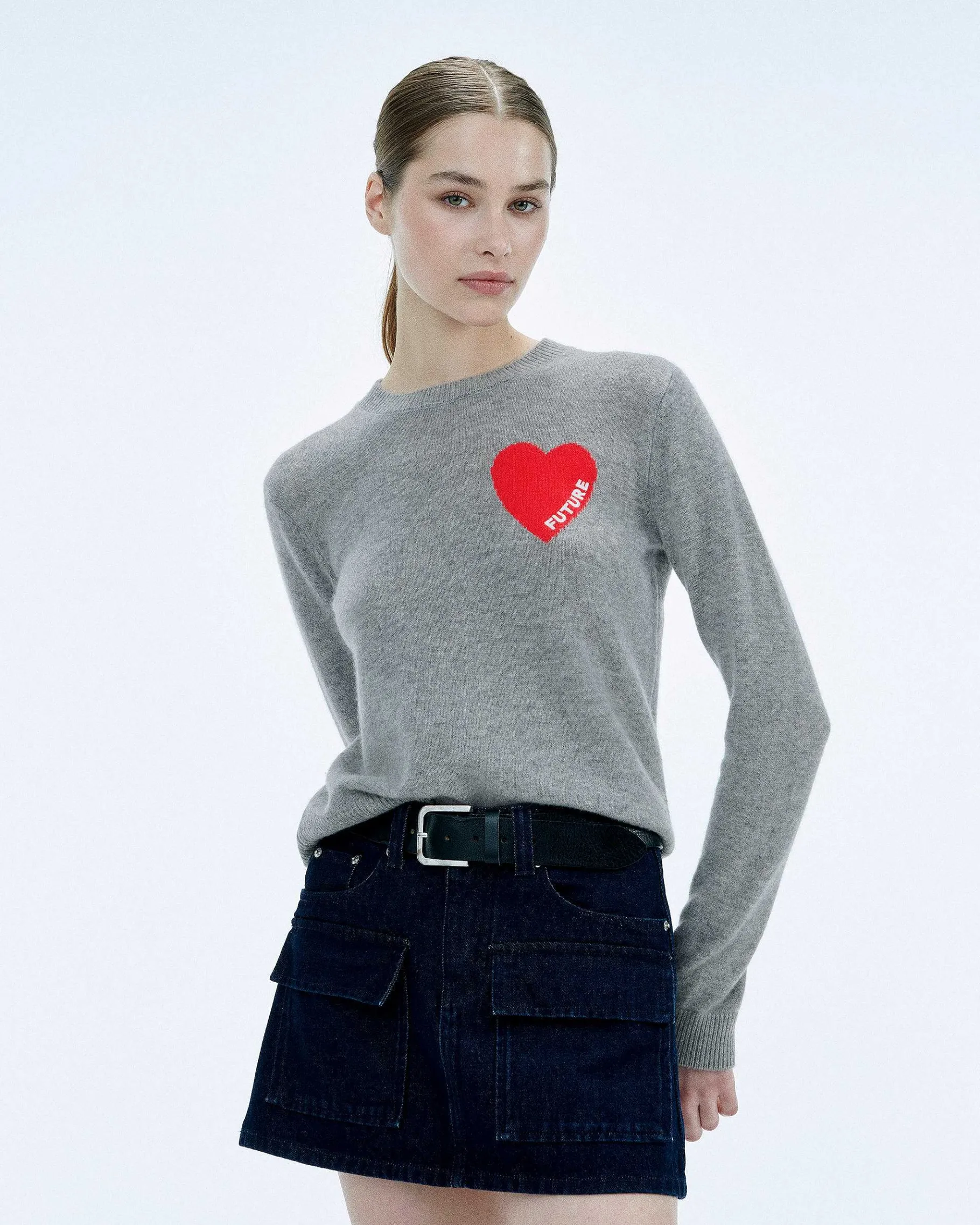 New FROM FUTURE Pull Col Rond Coeur Broderie Future Light Ecru