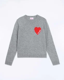 Clearance FROM FUTURE Pull Col Rond Coeur Broderie Future Light Gris Chine Fonce