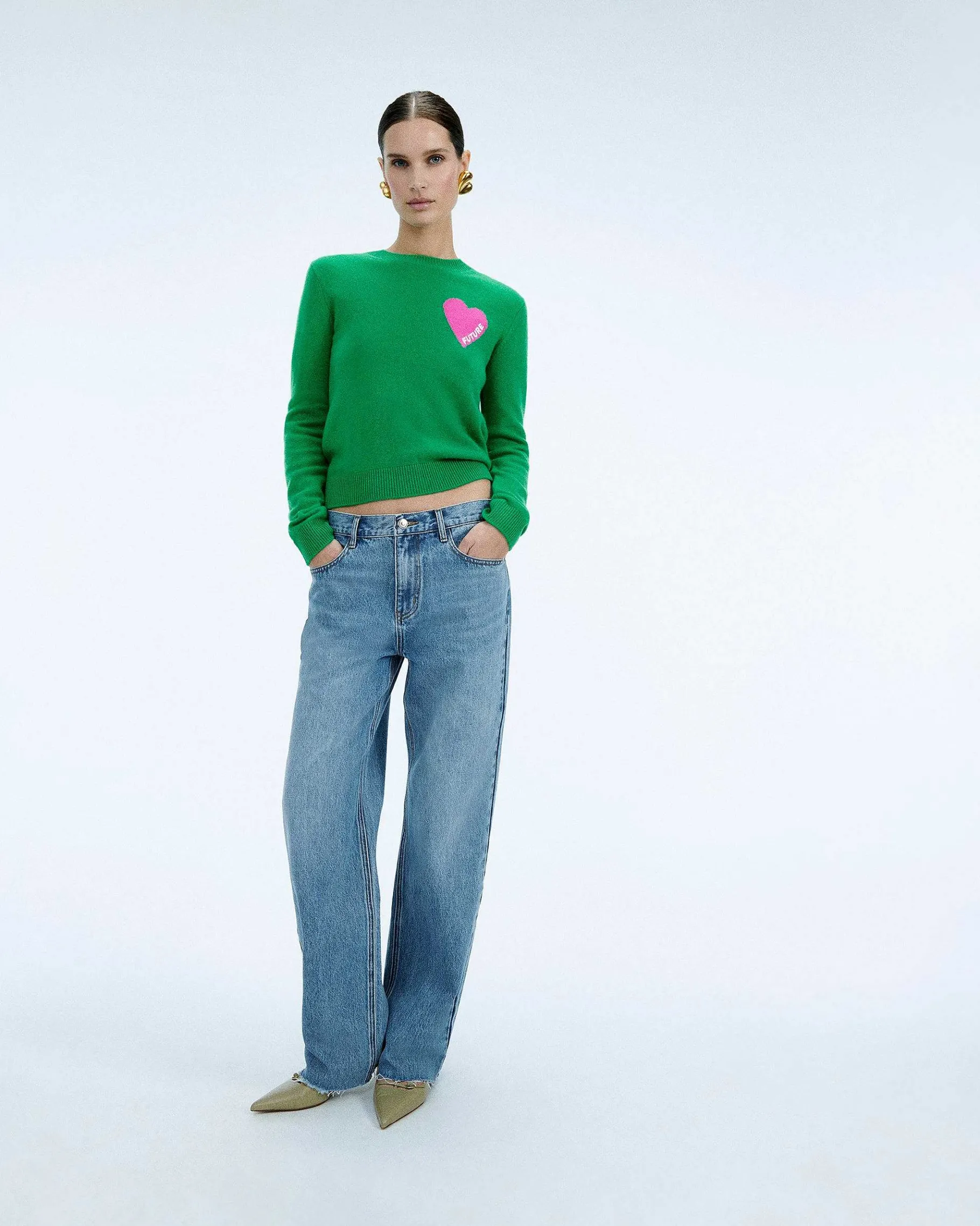 Online FROM FUTURE Pull Col Rond Coeur Broderie Future Light Tropical Green