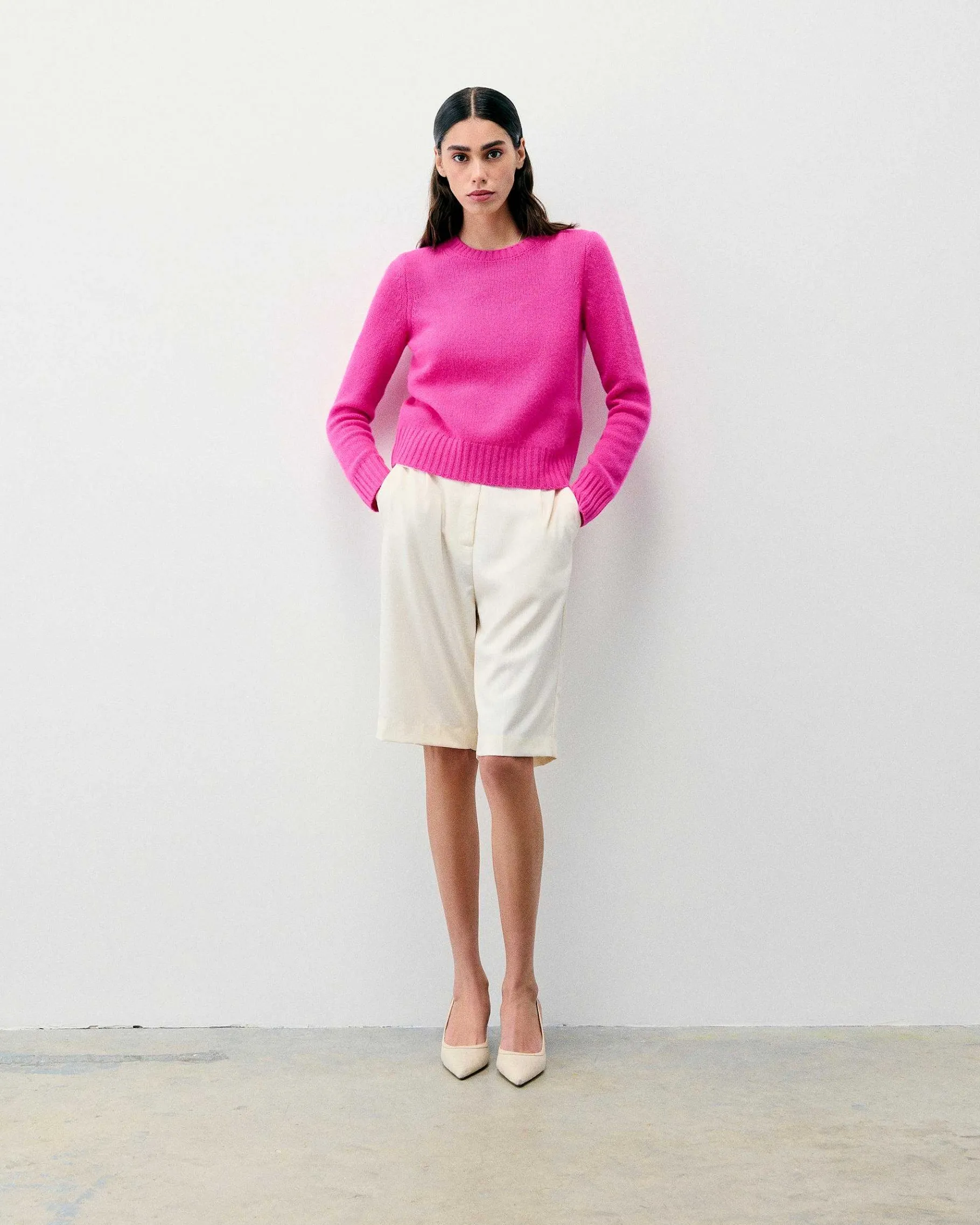 Sale FROM FUTURE Pull Col Rond Court Fuschia Pink Mouline