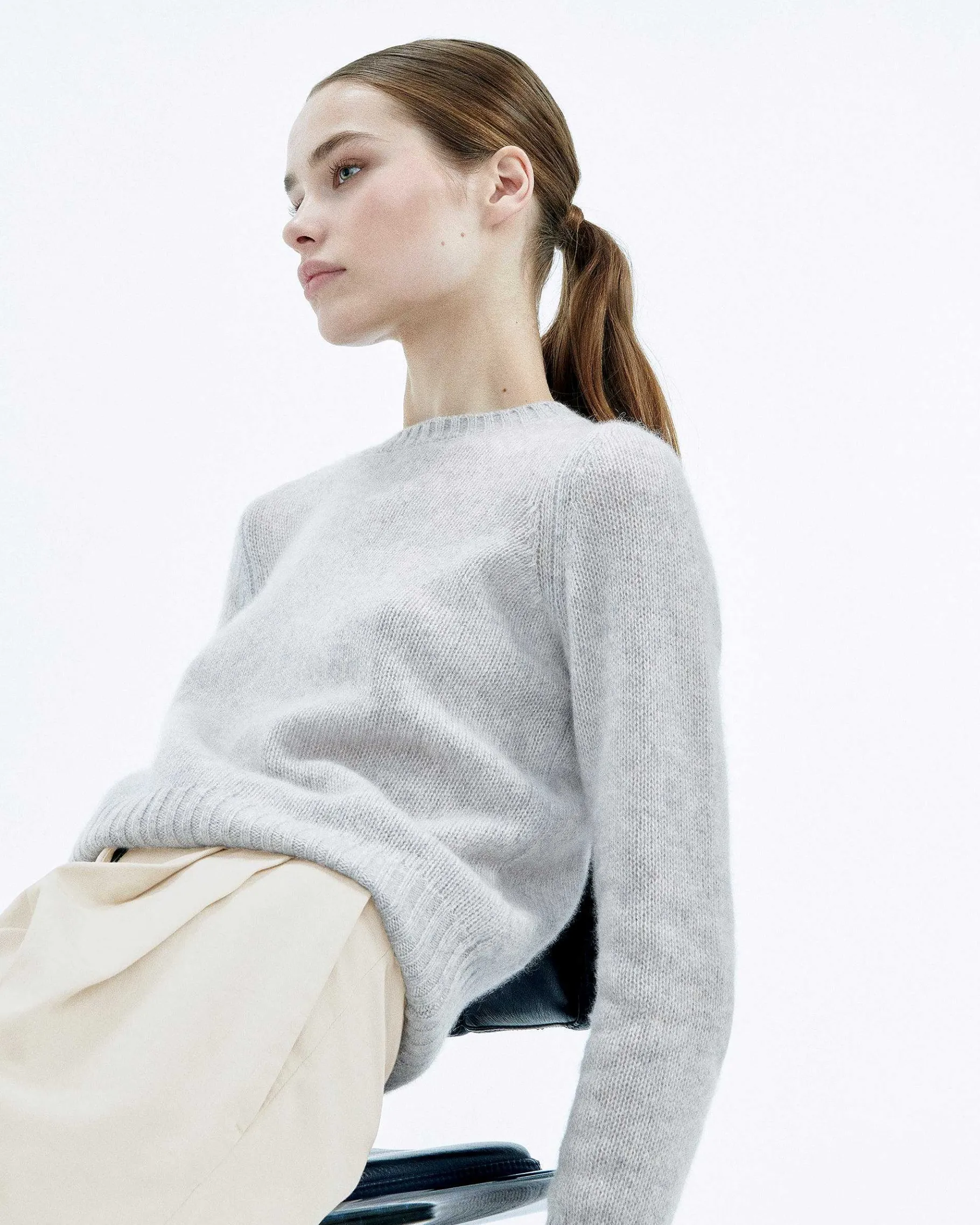 Outlet FROM FUTURE Pull Col Rond Court Gris Chine Clair