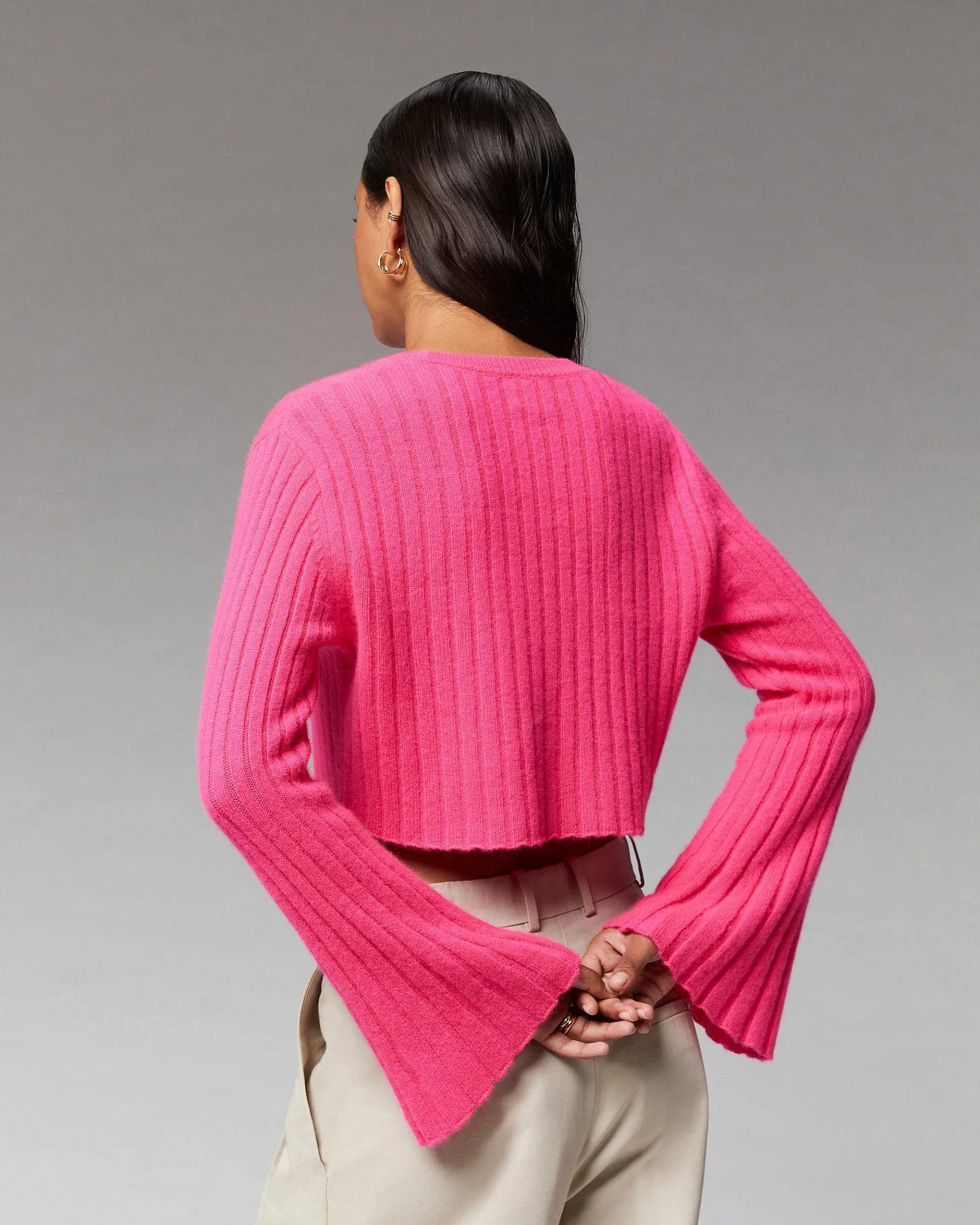 New FROM FUTURE Pull Col Rond Court Manches Evasees Winter Fuschia