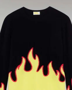 Sale FROM FUTURE Pull Col Rond Flammes Noir