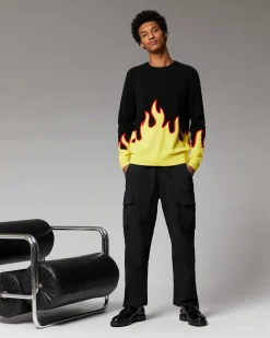 Sale FROM FUTURE Pull Col Rond Flammes Noir