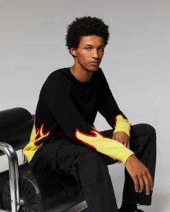 Discount FROM FUTURE Pull Col Rond Flammes Noir