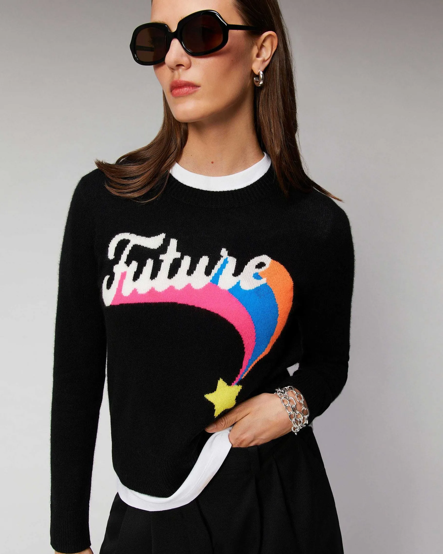 Hot FROM FUTURE Pull Col Rond Future Etoile Filante Leger Noir
