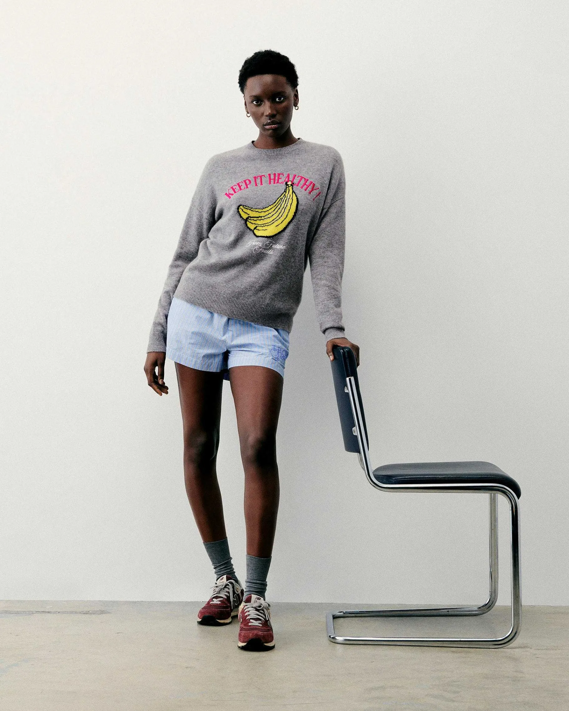 New FROM FUTURE Pull Col Rond Keep It Healthy Gris Chine Fonce
