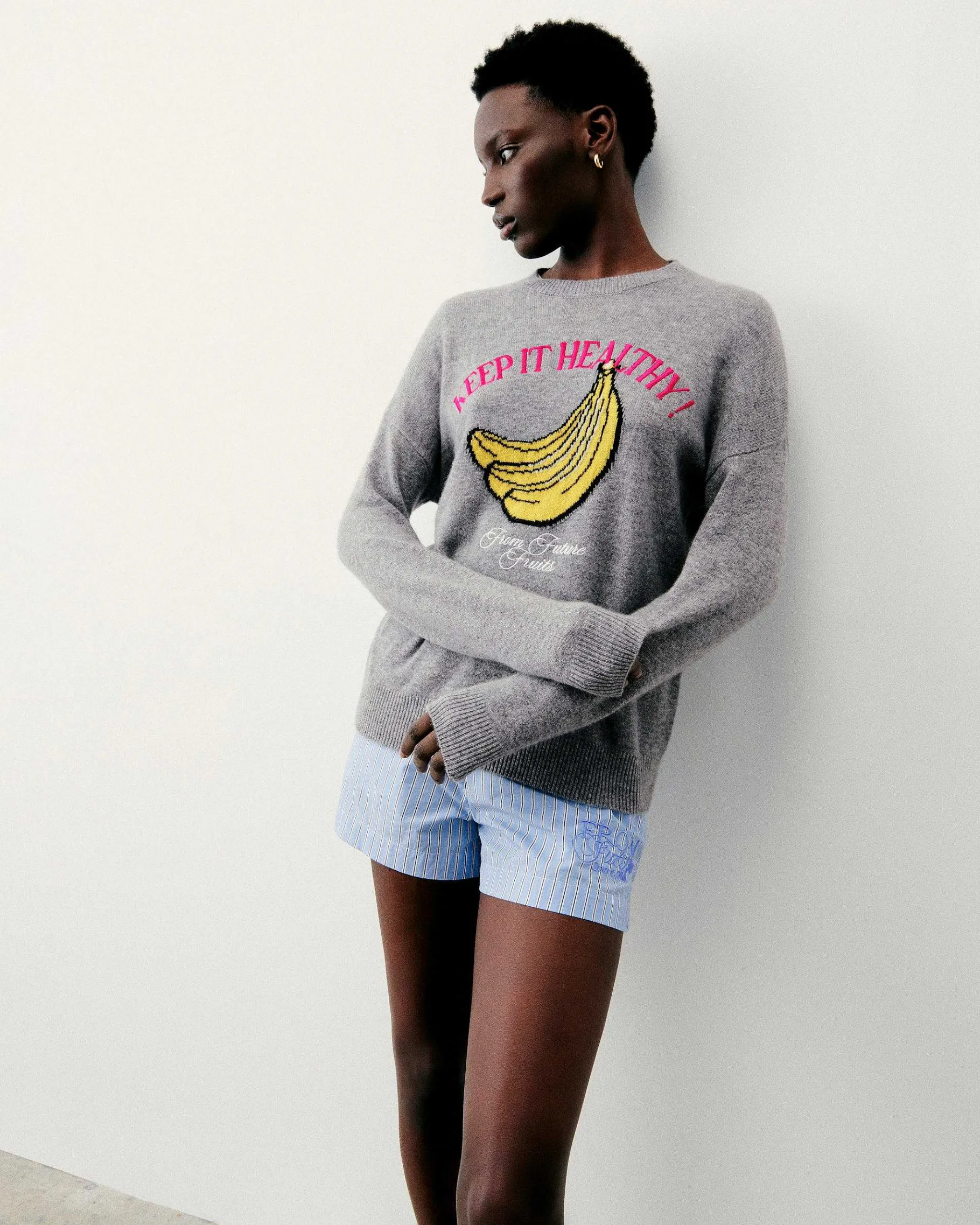 New FROM FUTURE Pull Col Rond Keep It Healthy Gris Chine Fonce