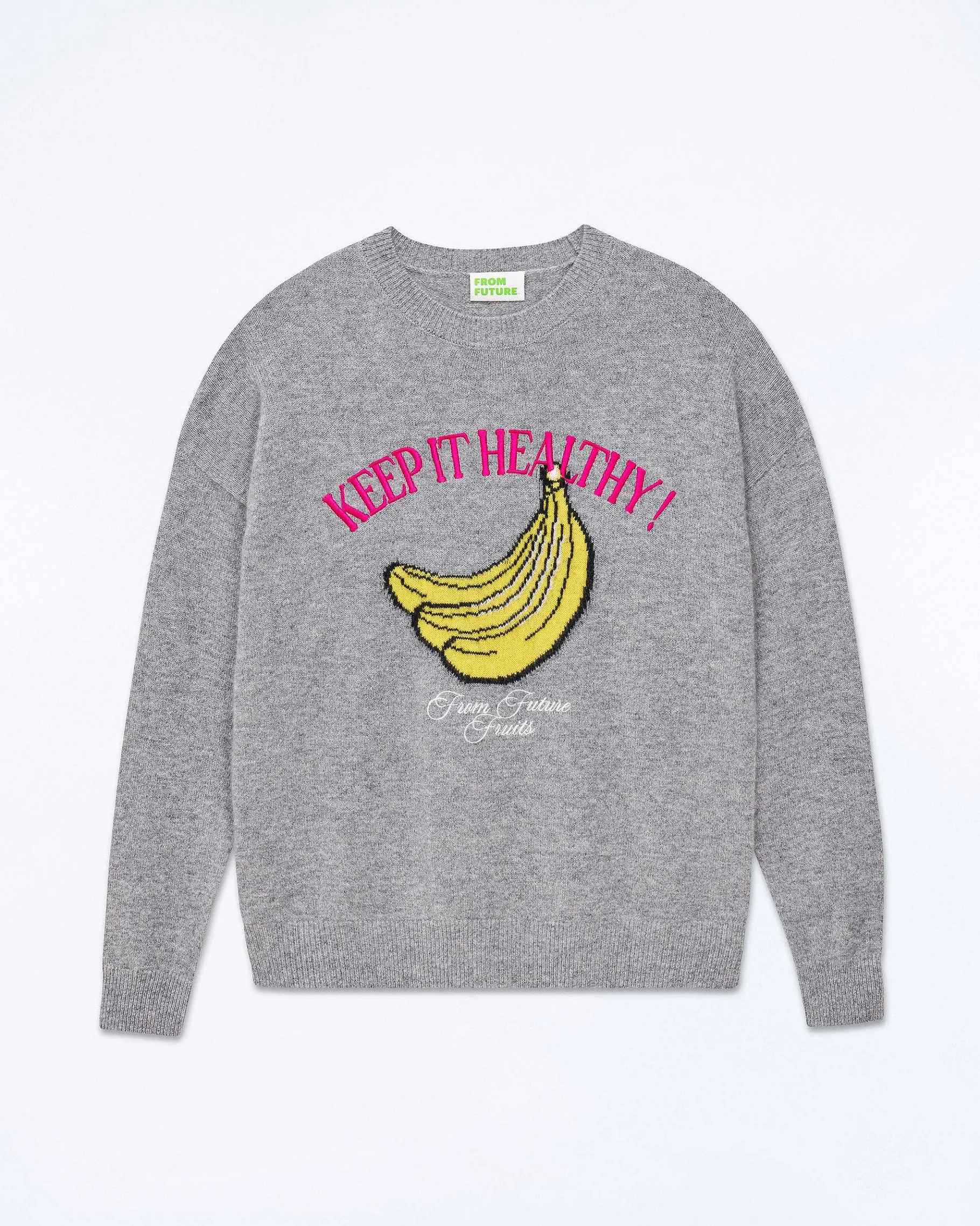 New FROM FUTURE Pull Col Rond Keep It Healthy Gris Chine Fonce