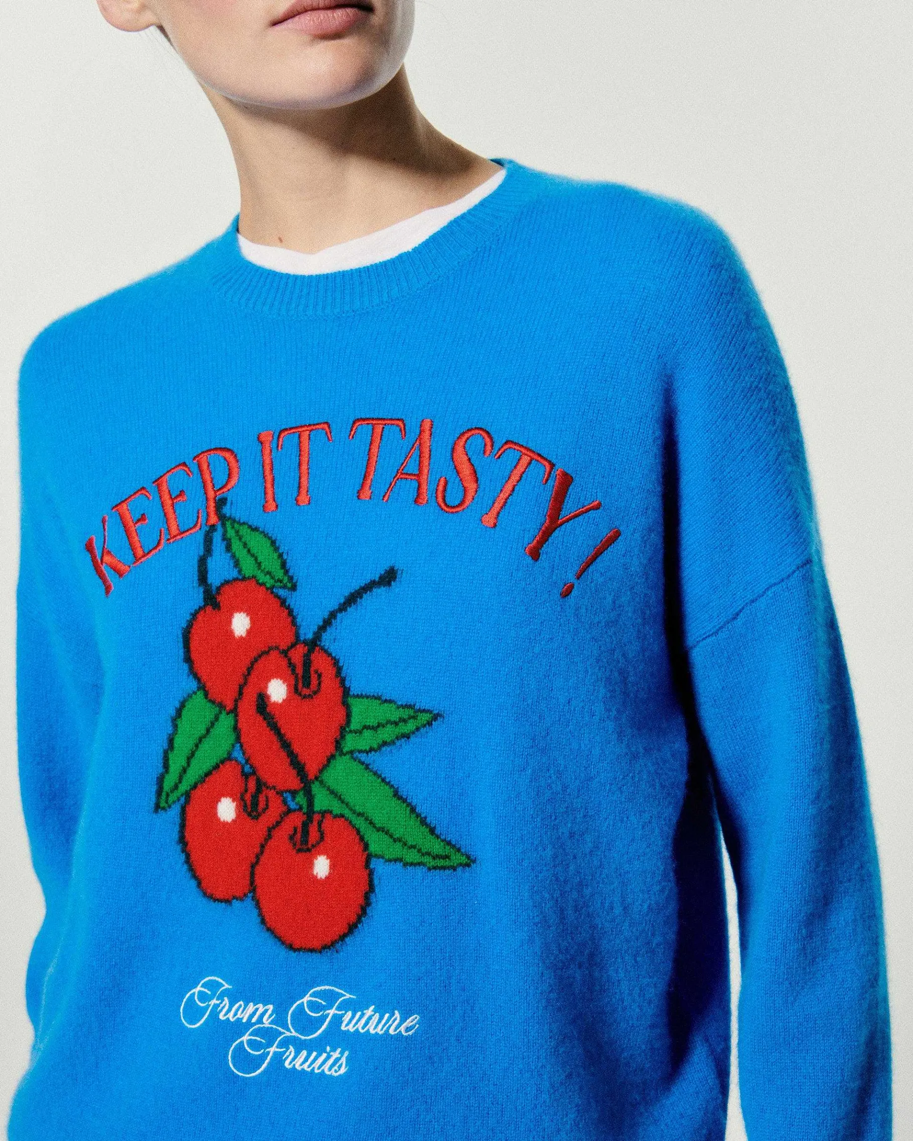 Hot FROM FUTURE Pull Col Rond Keep It Tasty Surf Blue