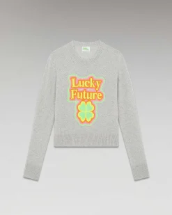 New FROM FUTURE Pull Col Rond Lucky Future Leger Gris Chine Clair