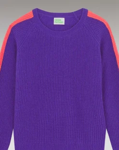 Online FROM FUTURE Pull Col Rond Maille Perlee Bandes Multicolore Violet Fluo