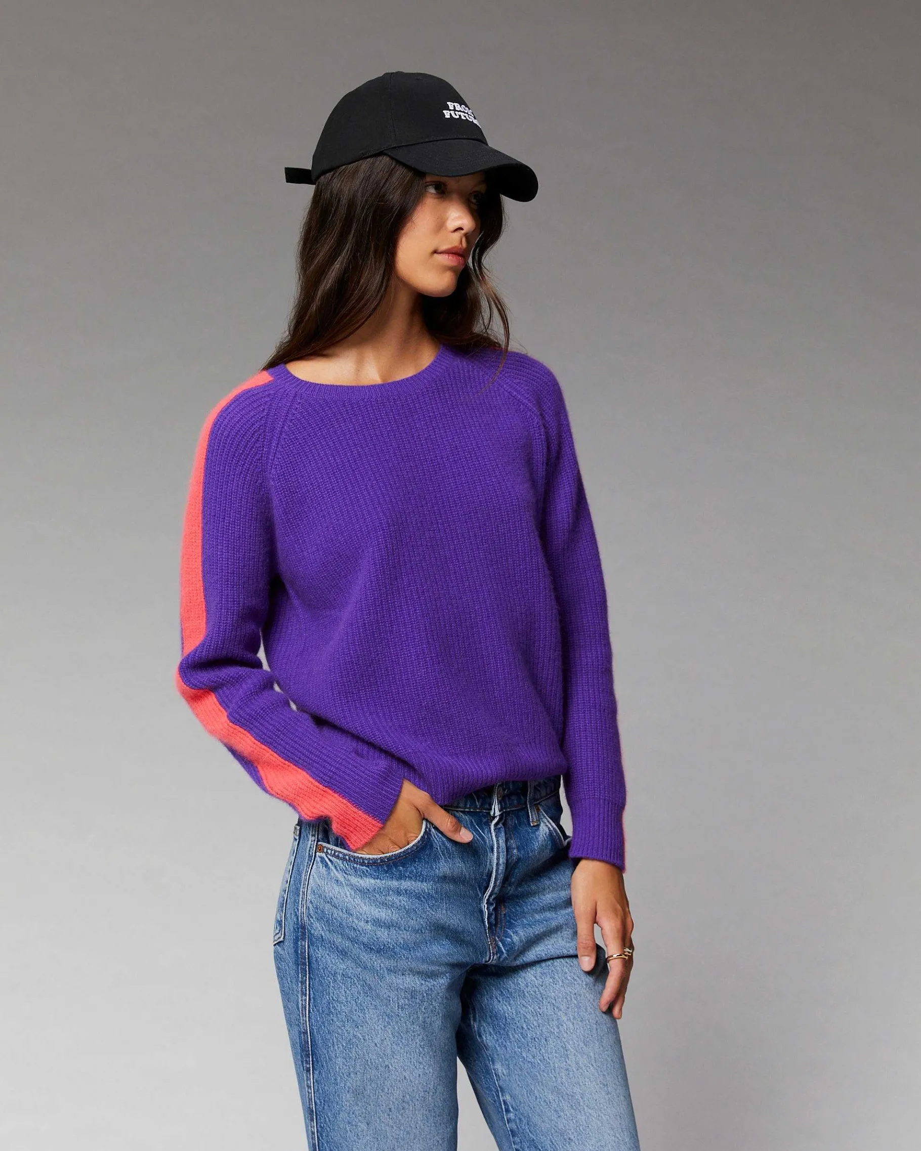Online FROM FUTURE Pull Col Rond Maille Perlee Bandes Multicolore Violet Fluo