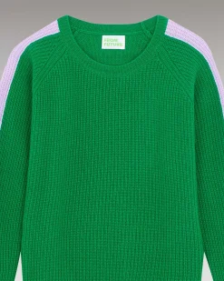 Online FROM FUTURE Pull Col Rond Maille Perlee Bandes Multicolore Winter Green