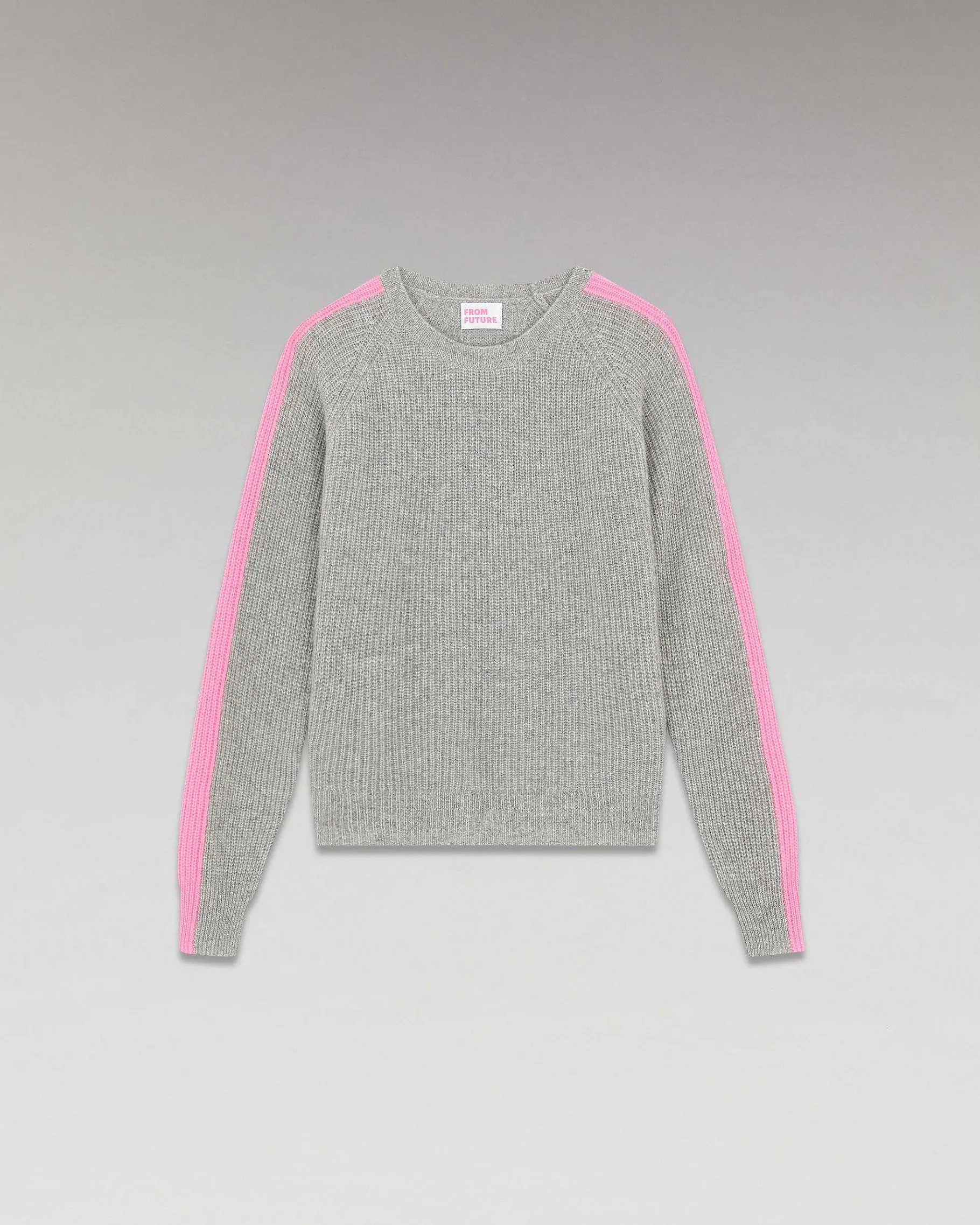 Outlet FROM FUTURE Pull Col Rond Maille Perlee Bandes Multicolore Gris Chine Fonce