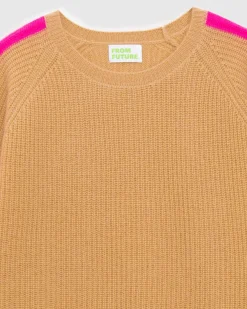 Outlet FROM FUTURE Pull Col Rond Maille Perlee Bandes Multicolore Camel