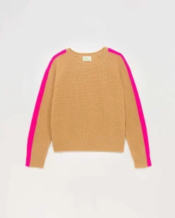 Outlet FROM FUTURE Pull Col Rond Maille Perlee Bandes Multicolore Camel